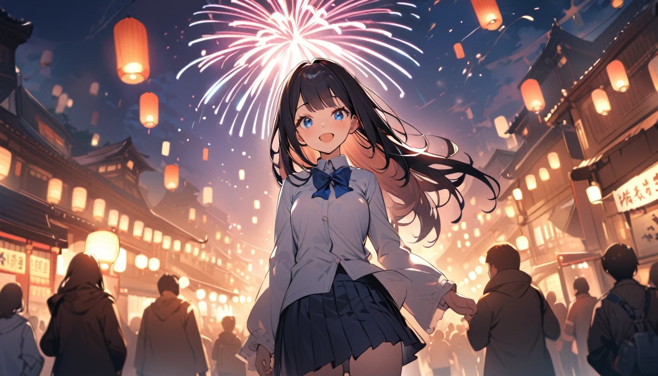 BREAK 1 girl, long hair, black hair, straight hair, short bangs above brows, blue eyes, happy, enjoy, open mouth, 
BREAK (masterpiece), (high resolution 8K), cinematic lighting, professional lighting, detailed eyes and face, detailed body, 
BREAK white shirt, blue bowtie, pleated skirt,  
BREAK very wide, panorama view, sense of depth, shot from front, 
BREAK fireworks, night, lantern, paper lantern, crowd, stall, 