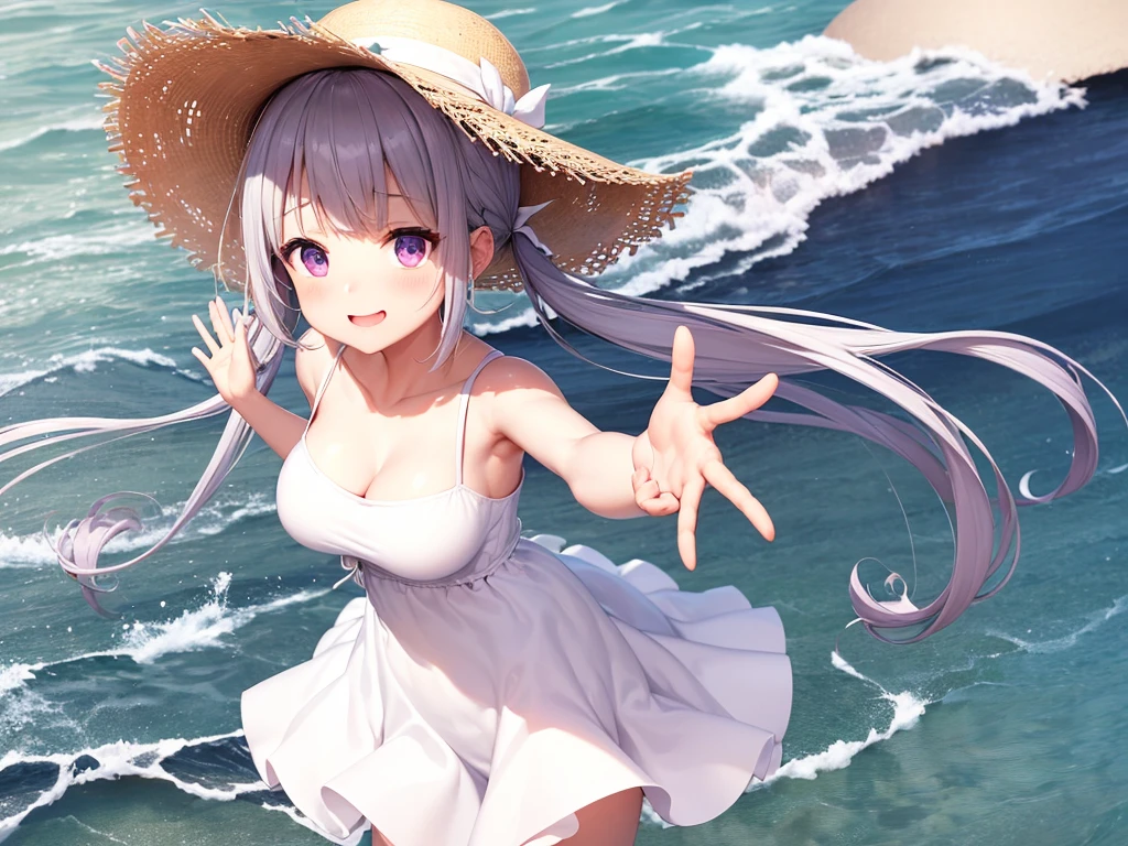 Highest quality, masterpiece, , ,short, Huge breasts, Gray Hair,Low twin tails, Purple eyes, Yukinecris, Thin twin tails,, Beach, Ocean, White Dress, White Skirt, White dress, Straw hat,  (((shy))), (Happy), Leaning forward, summer, From above, Reaching out, smile,