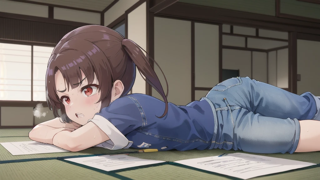 Dilapidated and dark Japanese-style room,青null,cloud,null＿Red Missile,On the tatami_Prone,Near the PC,from side, top-down bottom-up,indoor,1 Girl, 独奏, Red eyes, Twin tails, brown hair,crawling,((顔 focus)),upper body,Green dress shirt,Blue denim pants, bangs, eyebrows visible through hair, Flat Chest,Look Down,teeth ,annoyed,panicking,Write on loose-leaf paper with a pen,((Sweat)),The crowd stares