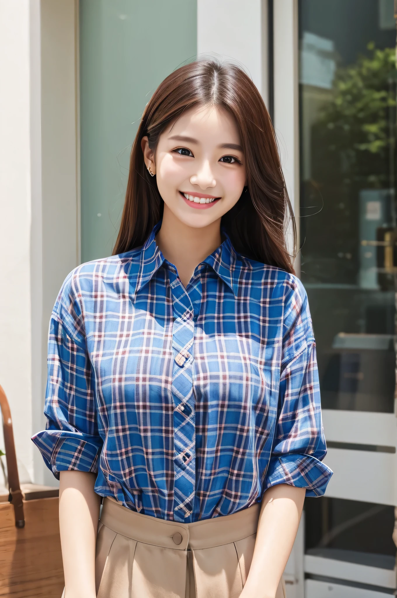 ((Highest quality))、beauty、F Cup、Fully open checked shirt、smile