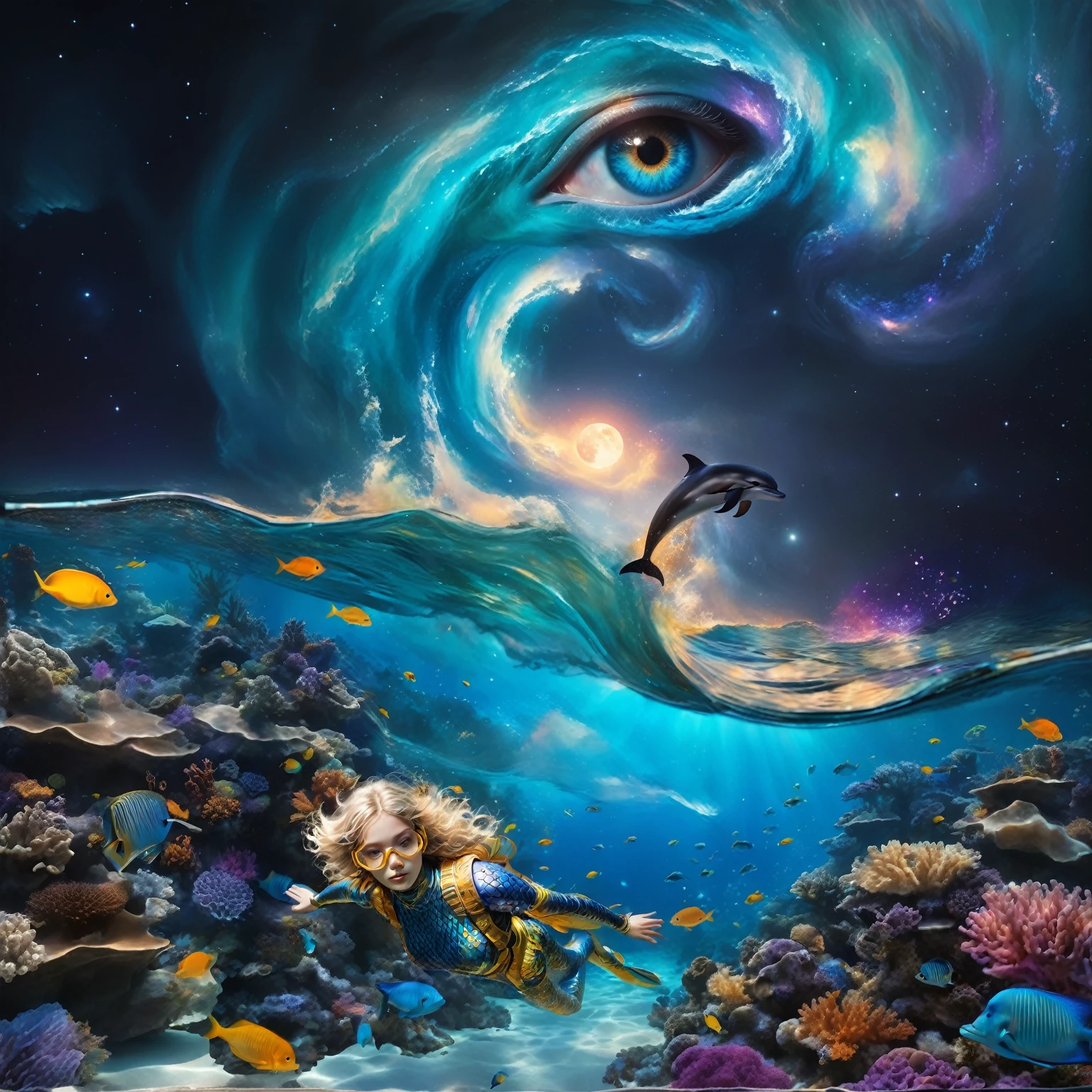 a dreamlike and captivating underwater scene, where imagination meets reality. In the foreground, (( a woman diver detailed explores the depths of a colorful coral reef, surrounded by small bioluminescent creatures that dance around her, leaving behind luminous trails )). The tropical fish with pulsating lights and the vibrant corals of all colors enhance the brilliance of this underwater landscape. Bioluminescent orbs float in the water, emitting a soft blue light and creating mystical reflections. As we move towards the water's surface, the composition transforms into a cosmic vision. A powerful wave breaks, revealing within its swirling crests a massive human eye, symbolizing divine observation. Just above this wave, a dolphin leaps gracefully, leaving behind a trail of stardust, connecting the sea and the starry sky. Ethereal bubbles reflecting the cosmic sky float gently around the underwater scene.The sky in the background is a blend of blue, violet, and golden hues, with a luminous moon that appears both near and far. The scene is enveloped in a shimmering mist, giving it an ethereal quality. This fusion of marine and celestial elements creates a surreal and poetic scene, inviting the viewer to dive into a waking dream where the boundaries between worlds blur. Envelop the entire scene in a soft, shimmering haze that adds to the ethereal quality. Atmosphere: Evoke a mystical and dreamlike atmosphere, blurring the boundaries between reality and imagination. A peaceful atmosphere. Use lines and patterns to naturally direct the viewer’s attention upwards. Envelop the entire scene in a soft, shimmering haze that adds to the ethereal quality. Atmosphere: Evoke a mystical and dreamlike atmosphere, blurring the boundaries between reality and imagination. Create a sense of depth and dimension with sharp details in the foreground and midground, and a slightly softer focus on the cosmic elements in the background. A peaceful atmosphere,
