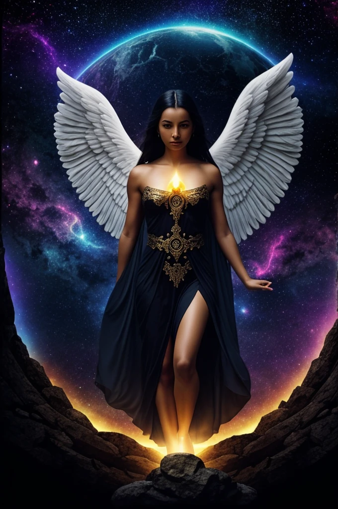 mysticism, origin, Darkness and light, angel akasha semitransparent, immense cosmos in the background, Heavenly Palace