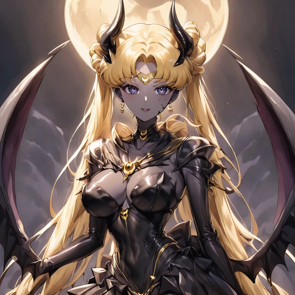 ((Highest quality)), ((masterpiece)), (detailed), （Perfect Face）、male１people女３people、Husband, wife and daughter２people、The woman clung to her husband, the powerful demon king.２peopleの娘は悪魔の姿の母親似のデビルプリンセスで女と魔王の傍に居る、The woman is naked and is the bride of the Demon King, the Dark Queen of the Black Moon Clan, the Demon Queen, Devil Queen Serenity, and is wearing a shiny black full-body bodysuit decorated with gold, a sexy female demon with jet-black skin, Devil Queen Serenity.、The woman is a jet-black female demon with magnificent devil horns, jet-black devil wings, and a jet-black tail. Her skin is jet-black, and she has a black inverted crescent moon mark on her forehead. She is the jet-black demon Devil Queen Serenity, and she has blonde hair.２The expression of a girl in love with her long hair tied up、Woman is Devil Queen Serenity