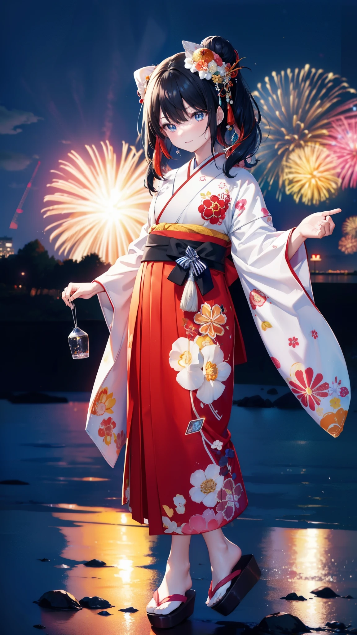 Takada Rokka, Black Hair, blue eyes, Long Hair, orange Scrunchie, Scrunchie, wrist Scrunchie,White Kimono,Sandals,日本のfestival,夏festivalの屋台,Red lantern,Hair Bun, double Hair Bun,happy smile, smile, Open your mouth,Fireworks,The place is a fireworks display、Time is night,Walking,whole bodyがイラストに入るように,
break outdoors, festival,
break looking at viewer, whole body,
break (masterpiece:1.2), Highest quality, High resolution, unity 8k wallpaper, (shape:0.8), (Fine and beautiful eyes:1.6), Highly detailed face, Perfect lighting, Highly detailed CG, (Perfect hands, Perfect Anatomy),