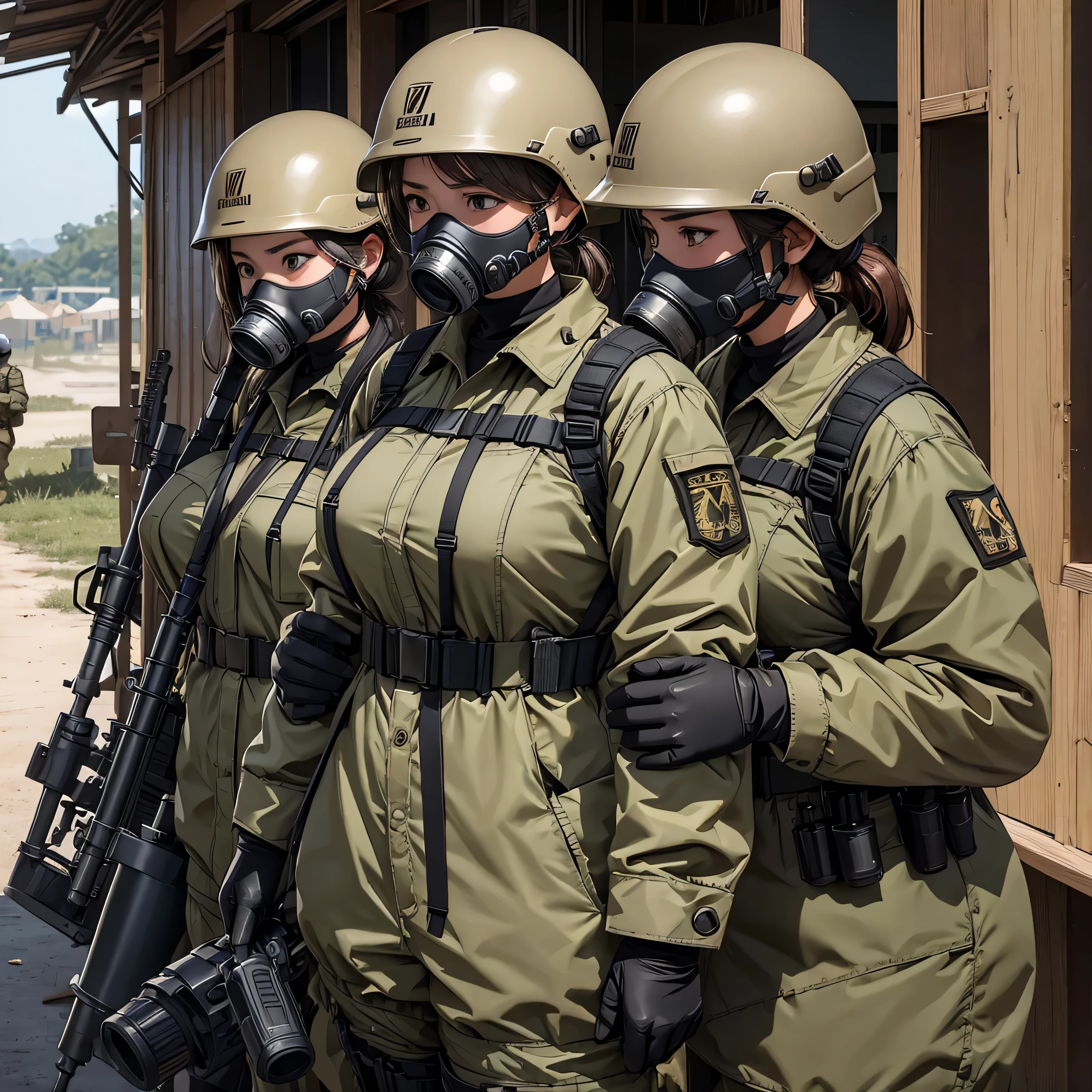 A group of female special forces soldiers wearing gas masks、Put on a helmet、Wearing beige M-51 military uniform、pier、container、Write details、masterpiece、best quality、Highly detailed CG、8K picture quality