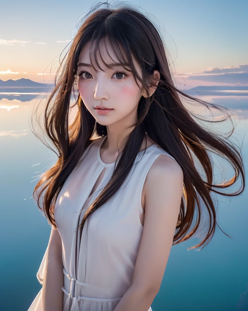 (Highest quality, 32k, High resolution, Masterpiece:1.5), marimo_jet, god々A photograph with brilliant dazzling and healing power., Expressing emotions, Have a rich imagination, Beautiful Japanese Girls, An exceptionally beautiful face, Small Face Beauty, ((whole body:1.3)), Perfect Human Anatomy, Magical big eyes, Motherhood and generosity, Deep Love, fleeting smile, Shiny black hair, Beautiful super long hair swaying in the wind, Asymmetrical bangs, Hair between the eyes, Transparent, soft white skin, Sharp eyebrows, Thin lashes, Natural Makeup, Cheek highlighter, Pale pink detailed lips, (Red dress:1.3), ((High resolutionの美しい太もも)), ((Distant Horizon:1.5)), ((Salar de Uyuni stretches to the horizon:1.3)), ((The earth reflects the sky like a mirror:1.3)), Beautiful detailed blue sky, Professional photographer, Professional Lighting, Professional models