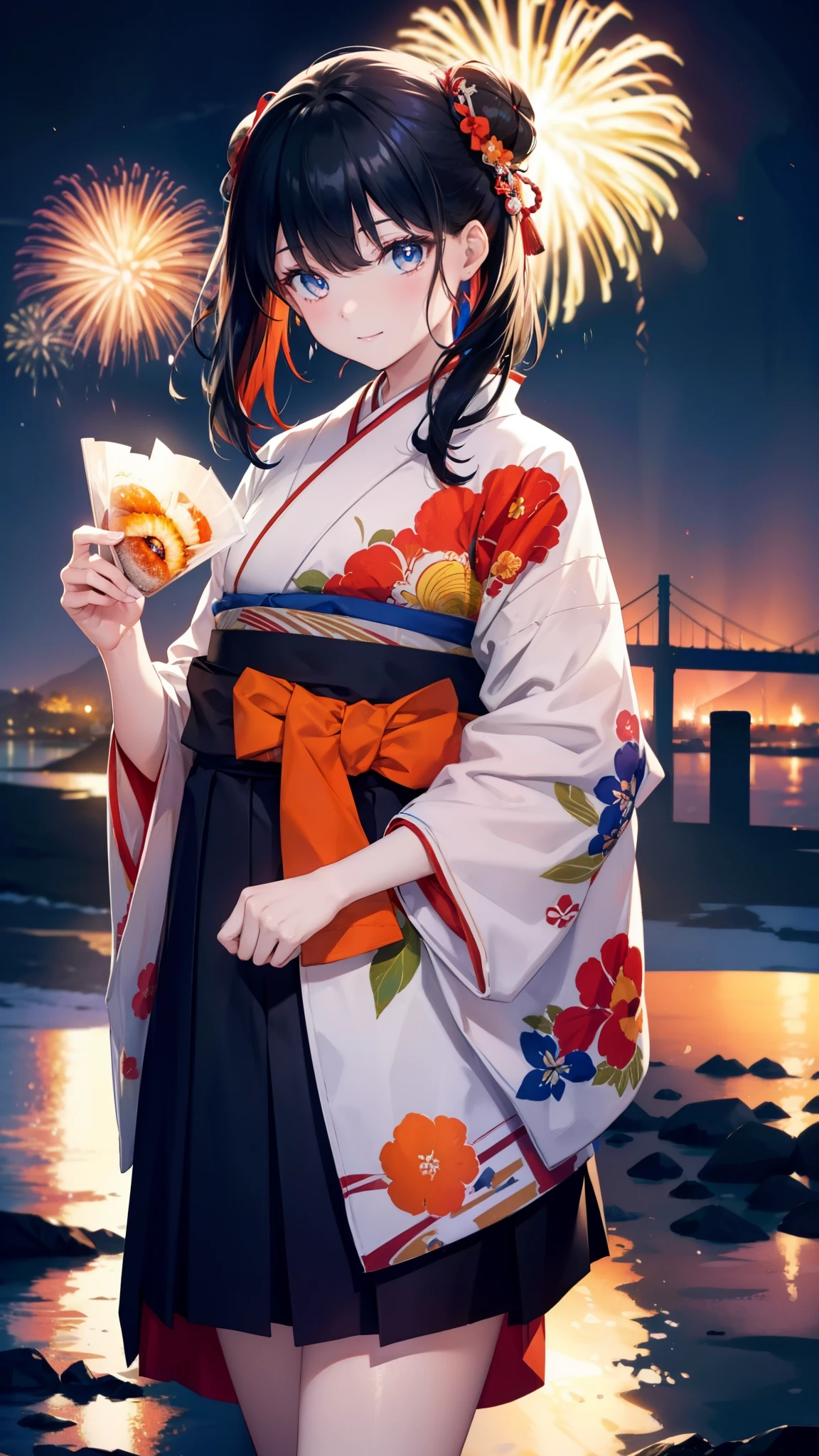 Takada Rokka, Black Hair, blue eyes, Long Hair, orange Scrunchie, Scrunchie, wrist Scrunchie,White Kimono,Sandals,日本のfestival,夏festivalの屋台,Red lantern,Hair Bun, double Hair Bun,happy smile, smile, Open your mouth,Fireworks,The place is a fireworks display、Time is night,Walking,whole bodyがイラストに入るように,
break outdoors, festival,
break looking at viewer, whole body,(Cowboy Shot:1. 5)
break (masterpiece:1.2), Highest quality, High resolution, unity 8k wallpaper, (shape:0.8), (Fine and beautiful eyes:1.6), Highly detailed face, Perfect lighting, Highly detailed CG, (Perfect hands, Perfect Anatomy),