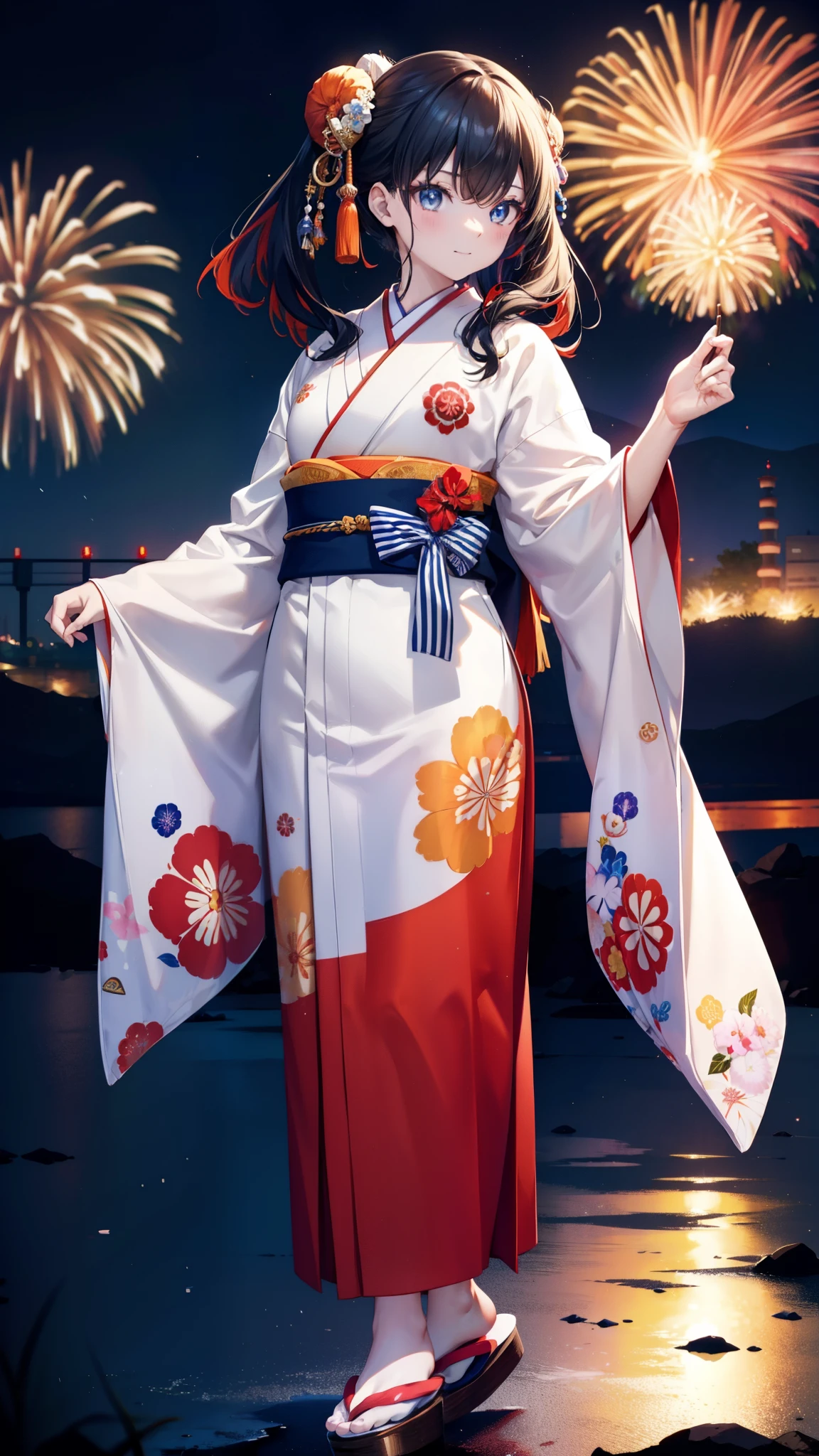 Takada Rokka, Black Hair, blue eyes, Long Hair, orange Scrunchie, Scrunchie, wrist Scrunchie,White Kimono,Sandals,日本のfestival,夏festivalの屋台,Red lantern,Hair Bun, double Hair Bun,happy smile, smile, Open your mouth,Fireworks,The place is a fireworks display、Time is night,Walking,whole bodyがイラストに入るように,
break outdoors, festival,
break looking at viewer, whole body,(Cowboy Shot:1. 5)
break (masterpiece:1.2), Highest quality, High resolution, unity 8k wallpaper, (shape:0.8), (Fine and beautiful eyes:1.6), Highly detailed face, Perfect lighting, Highly detailed CG, (Perfect hands, Perfect Anatomy),
