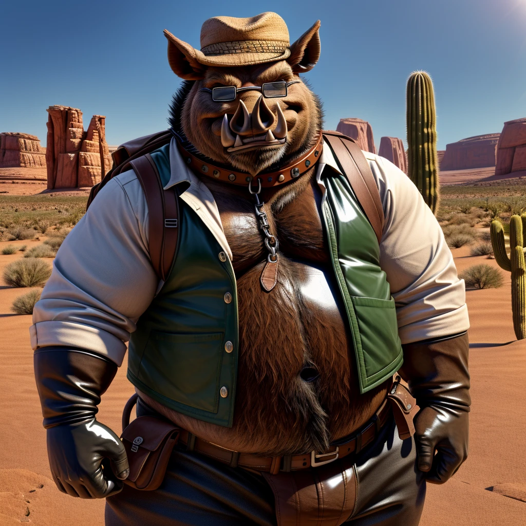 Male, fat, elderly, extremely obese, Boar, blue eyes, (posing:1.3), (soft shading), 4k, hi res, ((detailed face, detailed)), looking at viewer, evil grin, desert, cactus, shirt, hat, male focus, Explorer Outfit, glasses, pants, bag, vest, backpack, sleeves rolled up, round eyewear, brown headwear, brown vest, Boar is wearing a glossy leather dog collar around the neck, Boar is wearing the leather collar and shirt and vest at the same time, Boar is wearing glossy white rubber gloves on the hands, gloves are rubber in texture, clenching teeth, clenching fists, leather collar is glossy and shiny with a lot of detail.