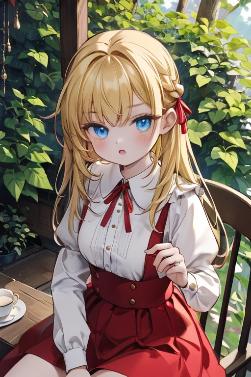 (8K, Highest quality, Tabletop:1.2)、Ultra-high resolution, Detailed face, One 10-year-old girl, blue eyes, blonde, Braiding, Long Hair, Red ribbon on head, Red dress, blue sky, in the forest, wood, table cloth, Set of cake and tea on the table, Sit on a chair、Wedding dress