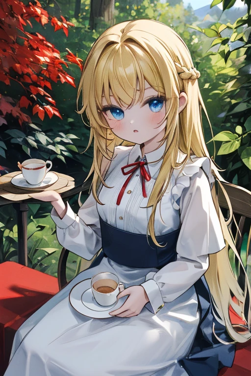 (8K, Highest quality, Tabletop:1.2)、Ultra-high resolution, Detailed face, One 10-year-old girl, blue eyes, blonde, Braiding, Long Hair, Red ribbon on head, Red dress, blue sky, in the forest, wood, table cloth, Set of cake and tea on the table, Sit on a chair、Wedding dress
