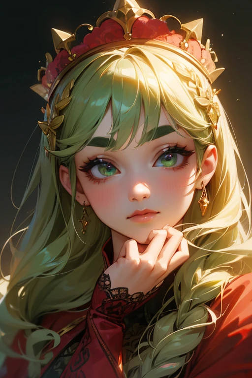 (Highest quality, masterpiece:1.2), High resolution, Very detailed, Realistic:1.37, Fantasy, An illustration, Green Eyes、Queen, Red lace dress.Platinum decoration、beautifully、Eyeshadow Red、Thick eyebrows、Long eyelashes、pupils are black、Her hair is dark green、Gold crown、Kissing Face、Embarrassing、Beloved by the crowd、Hair is green、Braiding、hair ornaments、Omelette rice、