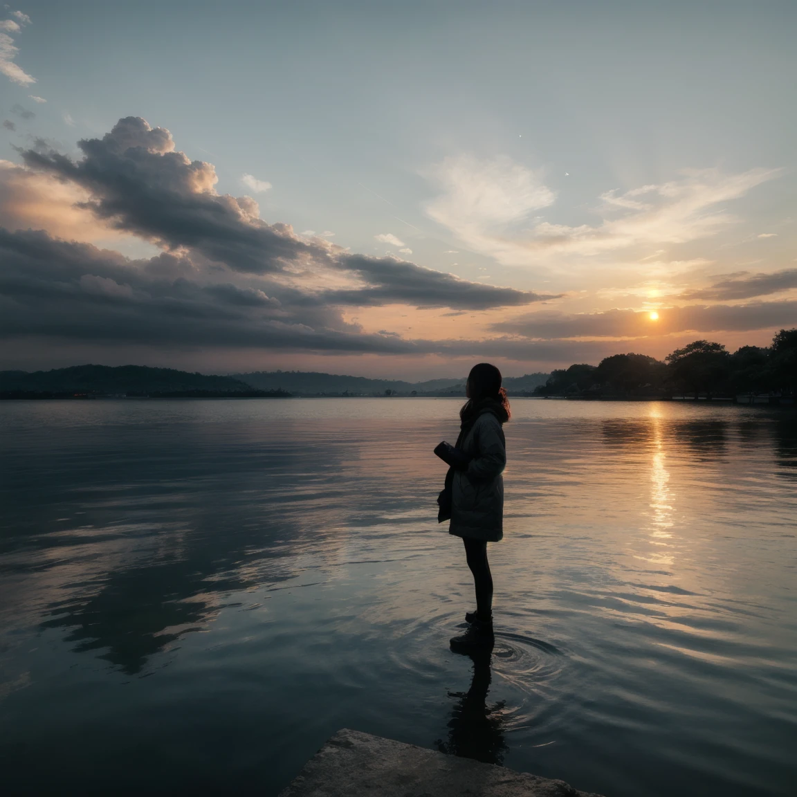 SFW, 1girl, solo focus, POV, very wide shot, landscape, east Asian architecture, sunlight, sunrise, floating, cloud, sky, rain, water, full body, outdoors, scenery, depth of field
