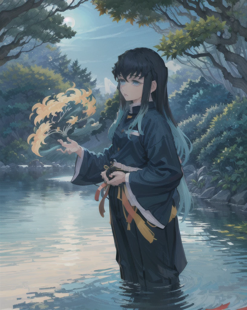 (masterpiece, best quality, highres), perfect lighting,
muichiro, 1boy, long hair, black hair, aqua hair, bangs, multicolored hair, sidelocks, long sleeves, aqua eyes, demon slayer uniform, pants, looking at viewer, solo, closed mouth, view from below,
festival, moonlight, (night), (dark), fall, fallen leaves, japanese temple, japanese decoration, leaf, ivy, wallpaper, ((empty)), (landscape), rock, nature, plant,  extremely detailed environnement, mist, distant waterfall, (excessive plant), loaded, mystical, dark blue water, ultra wide angle, ((ultra wide angle)), (depth of field), ((game cg)), 