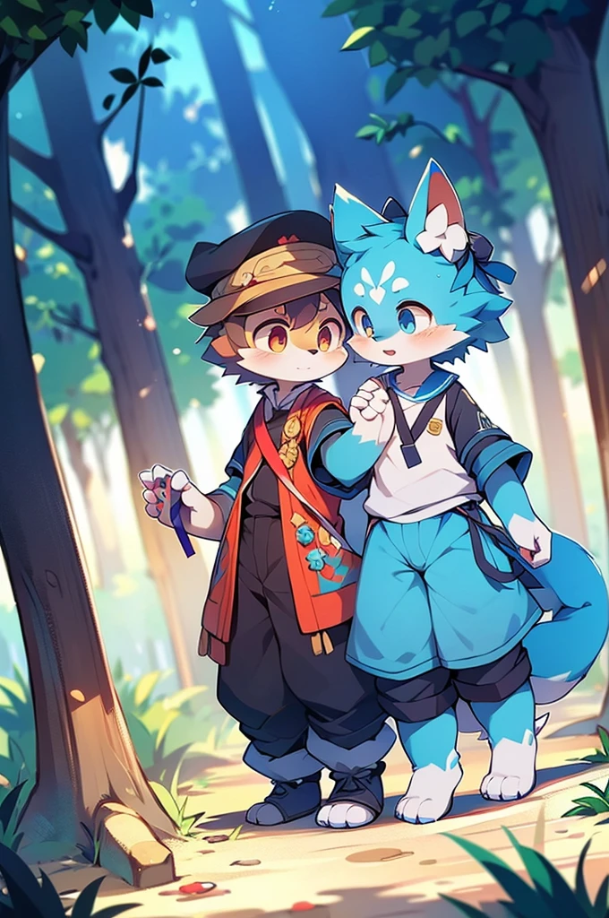 Blue fur, Canine, fox motif, Couple of girls and boys, uniform、Holding hands，One boy，One girl，夜，