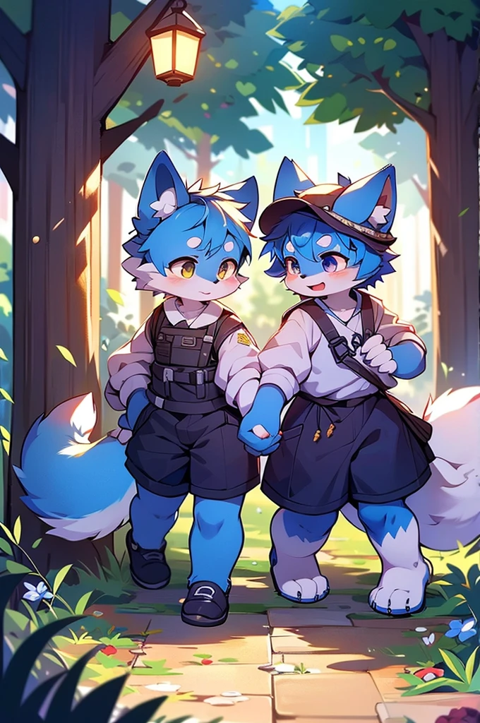 Blue fur, Canine, fox motif, Couple of girls and boys, uniform、Holding hands,One boy,One girl,夜,