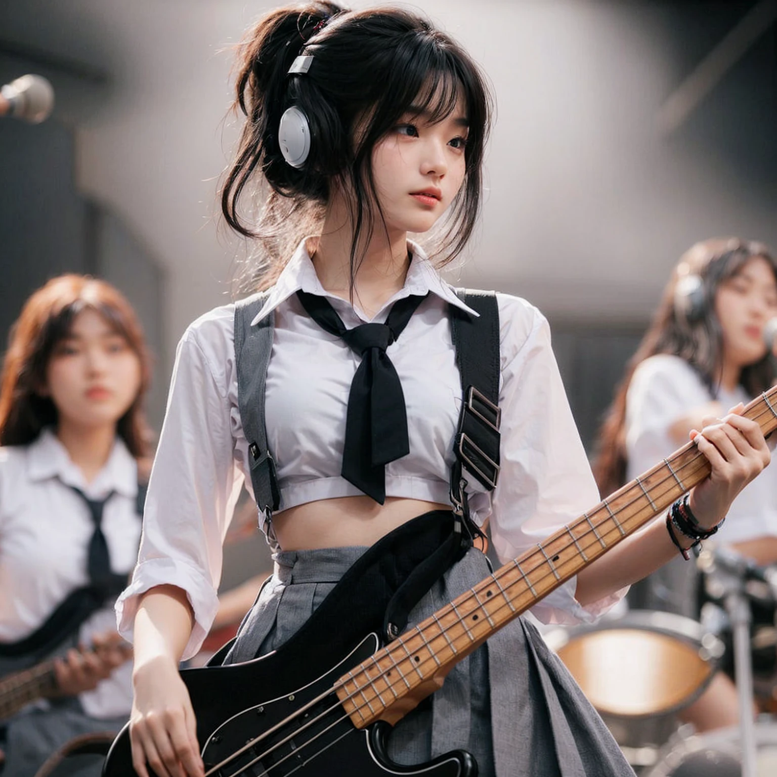Here is the translation to English:

"A beautiful Korean girl, 18 years old, tall, fair-skinned, medium breasts, playing bass guitar, performing on a high school stage in Surabaya city, many school children watching, wearing a high , white shirt, belt, and gray skirt, jumping around, headbanging, masterpiece, realistic image, HD, 4k, detailed face, detailed eyes, messy hairstyle"