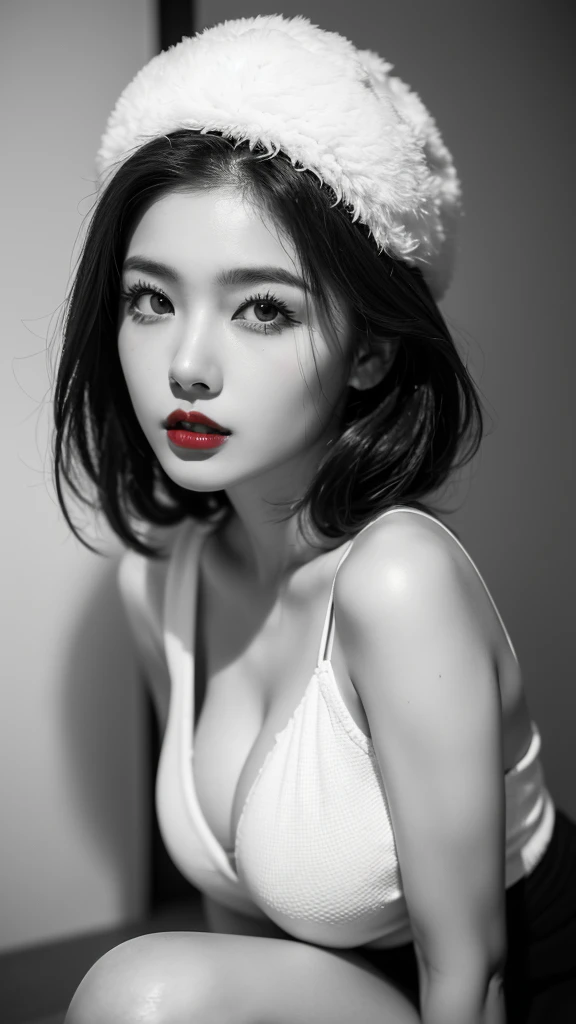 (((Black and White Art:1.2、Black and white photo、RAW photos、Film Grain)))、Beautiful woman、Small nose、((Full lips、Sexy red lips:1.3))、Attractive hairstyle、skirt、best quality、high resolution、high resolution、light、Black and white photo、Professional photographer