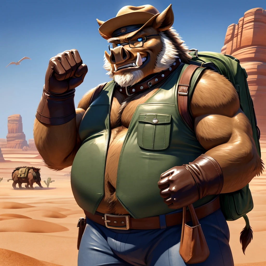 Male, fat, elderly, extremely obese, Boar, blue eyes, (posing:1.3), (soft shading), 4k, hi res, ((detailed face, detailed)), looking at viewer, evil grin, desert, cactus, shirt, hat, male focus, Explorer Outfit, glasses, pants, bag, vest, backpack, sleeves rolled up, round eyewear, brown headwear, brown vest, Boar is wearing a glossy leather dog collar around the neck, Boar is wearing the leather collar and shirt and vest at the same time, Boar is wearing glossy white rubber gloves on the hands, gloves are rubber in texture, clenching teeth, clenching fists, leather collar is glossy and shiny with a lot of detail.