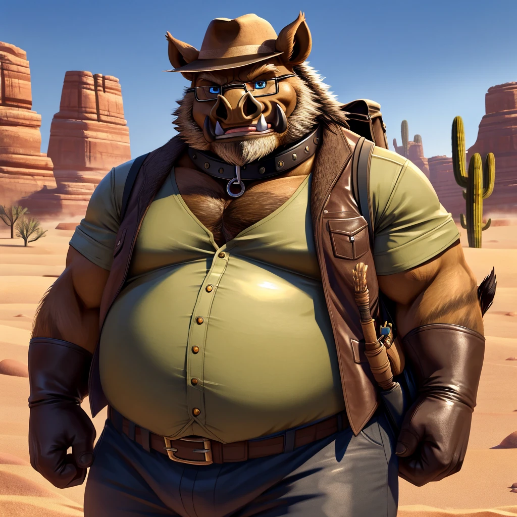 Male, fat, elderly, extremely obese, Boar, blue eyes, (posing:1.3), (soft shading), 4k, hi res, ((detailed face, detailed)), looking at viewer, evil grin, desert, cactus, shirt, hat, male focus, Explorer Outfit, glasses, pants, bag, vest, backpack, sleeves rolled up, round eyewear, brown headwear, brown vest, Boar is wearing a glossy leather dog collar around the neck, Boar is wearing the leather collar and shirt and vest at the same time, Boar is wearing glossy white rubber gloves on the hands, gloves are rubber in texture, clenching teeth, clenching fists, leather collar is glossy and shiny with a lot of detail.