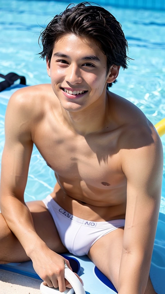 male Age 18 swimwear lifeguard topless smile