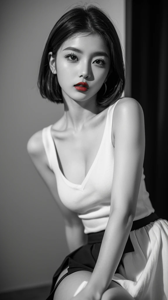 (((Black and White Art:1.2、Black and white photo、RAW photos、Film Grain)))、Beautiful woman、Small nose、((Full lips、Sexy red lips:1.3))、Attractive hairstyle、skirt、best quality、high resolution、high resolution、light、Black and white photo、Professional photographer