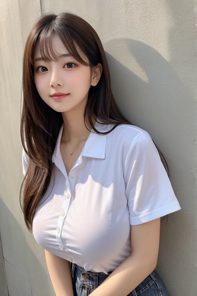 ((Highest quality))、Beauty、Big Breasts、A cute shirt with a full opening、