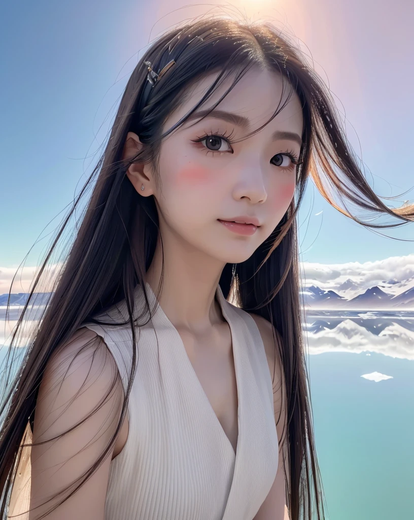 (Highest quality, 32k, High resolution, Masterpiece:1.5), marimo_jet, god々A photograph with brilliant dazzling and healing power., Expressing emotions, Have a rich imagination, Beautiful Japanese Girls, An exceptionally beautiful face, Small Face Beauty, , Perfect Human Anatomy, Magical big eyes, Motherhood and generosity, Deep Love, fleeting smile, Shiny black hair, Beautiful super long hair swaying in the wind, Asymmetrical bangs, Hair between the eyes, Transparent, soft white skin, Sharp eyebrows, Thin lashes, Natural Makeup, Cheek highlighter, Pale pink detailed lips, (Red dress:1.3), ((High resolutionの美しい太もも)), ((Distant Horizon:1.5)), ((Salar de Uyuni stretches to the horizon:1.3)), ((The earth reflects the sky like a mirror:1.3)), Beautiful detailed blue sky, Professional photographer, Professional Lighting, Professional models