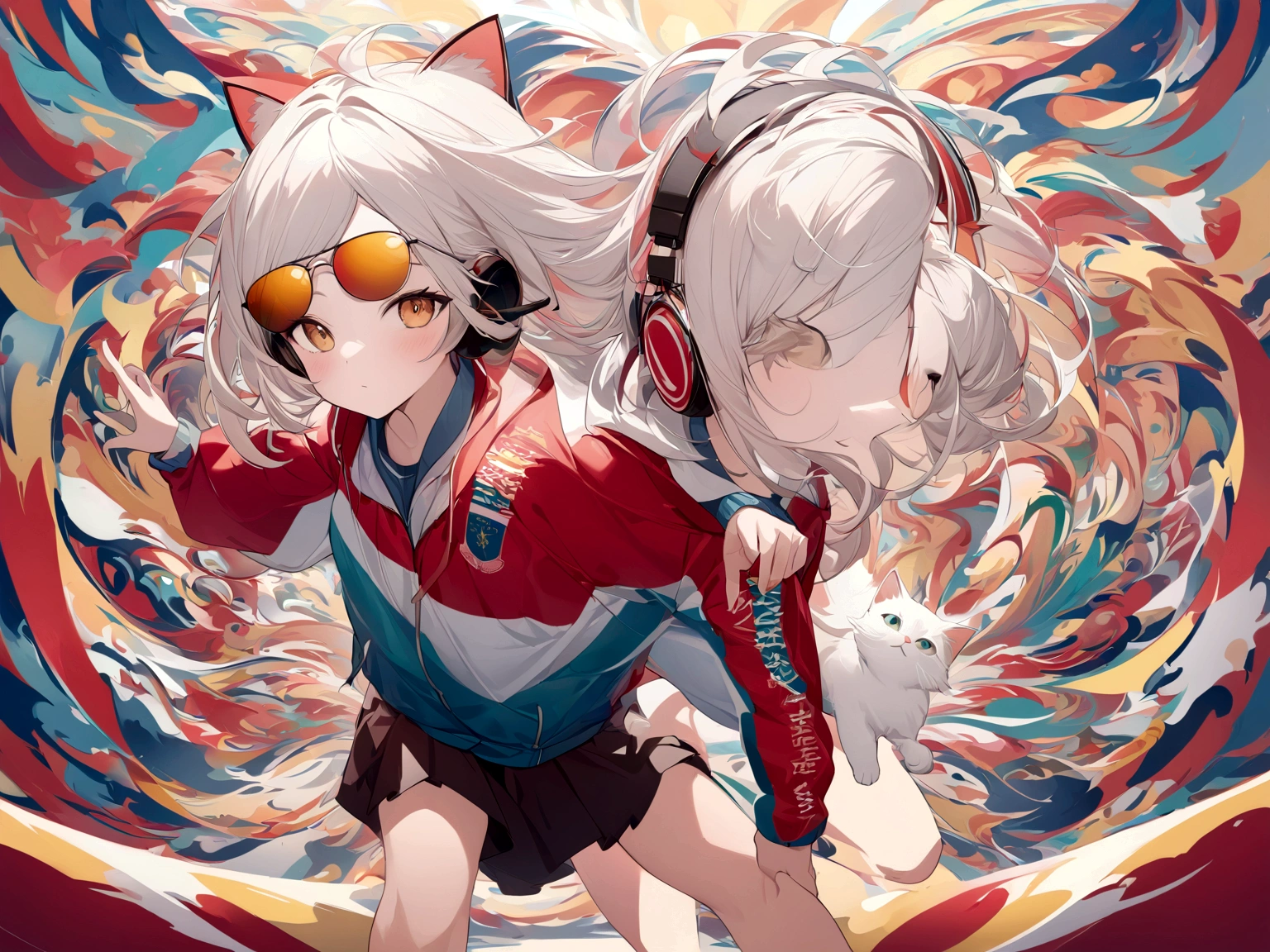 Perfect centering, Cute kitten, Wear a student team jacket, Wearing sunglasses, Wearing headphones, cheerfulness, Standing position, Abstract beauty, Centered, Looking at the camera, Facing the camera, nearing perfection, Dynamic, Highly detailed, smooth, Sharp focus, 8K, high definition resolution, illustration, Vietnam's flag background