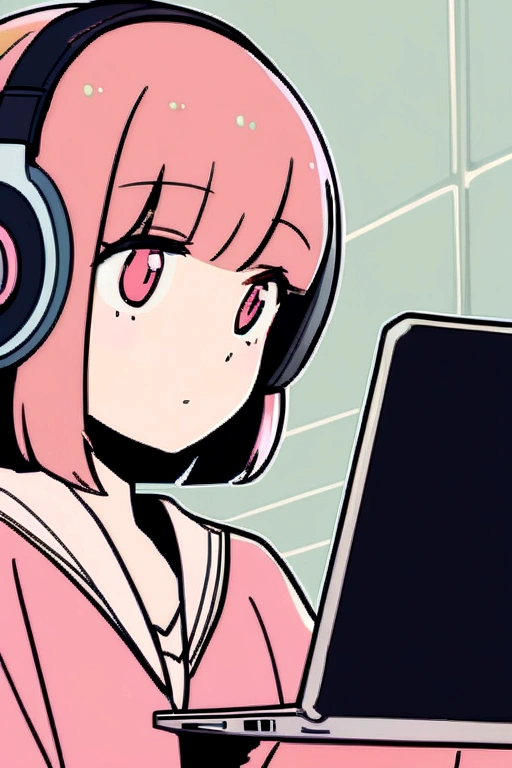 Girl with her laptop and head phone at 6:00 pm