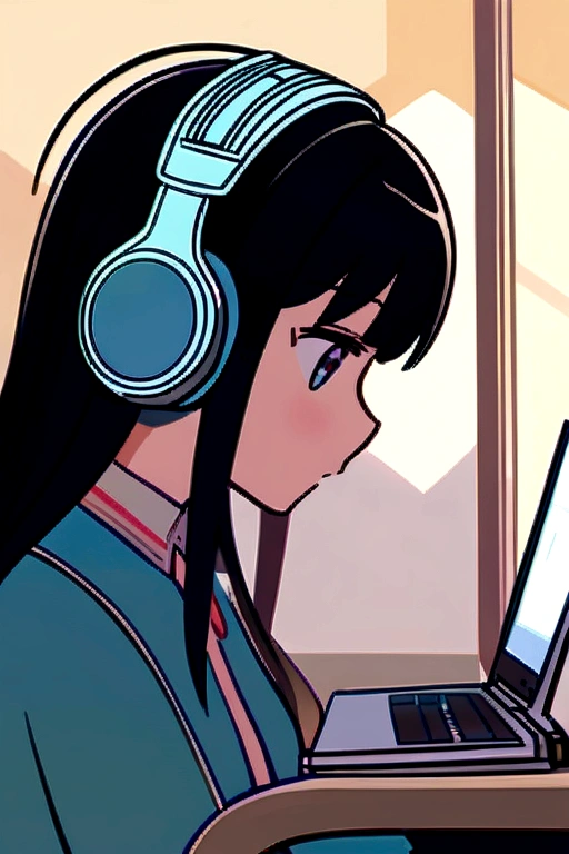 Girl with her laptop and head phone at 6:00 pm