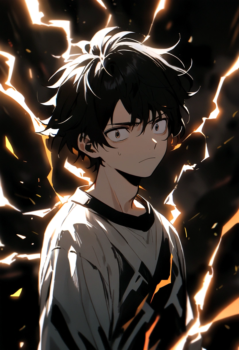 Man 17 years old Long black hair black and white sweatshirt with orange electricity on his body with a worried look
