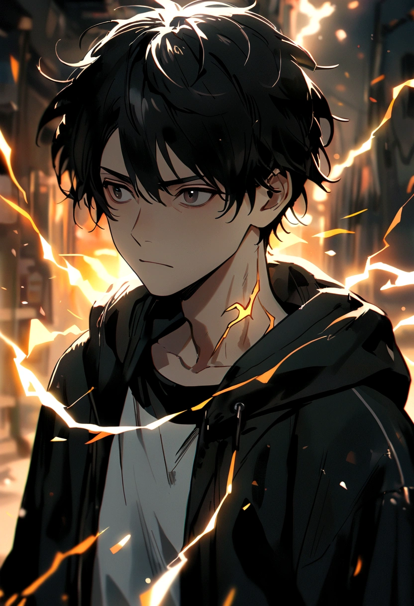 Man  Long black hair black and white sweatshirt with orange electricity on his body with a worried look