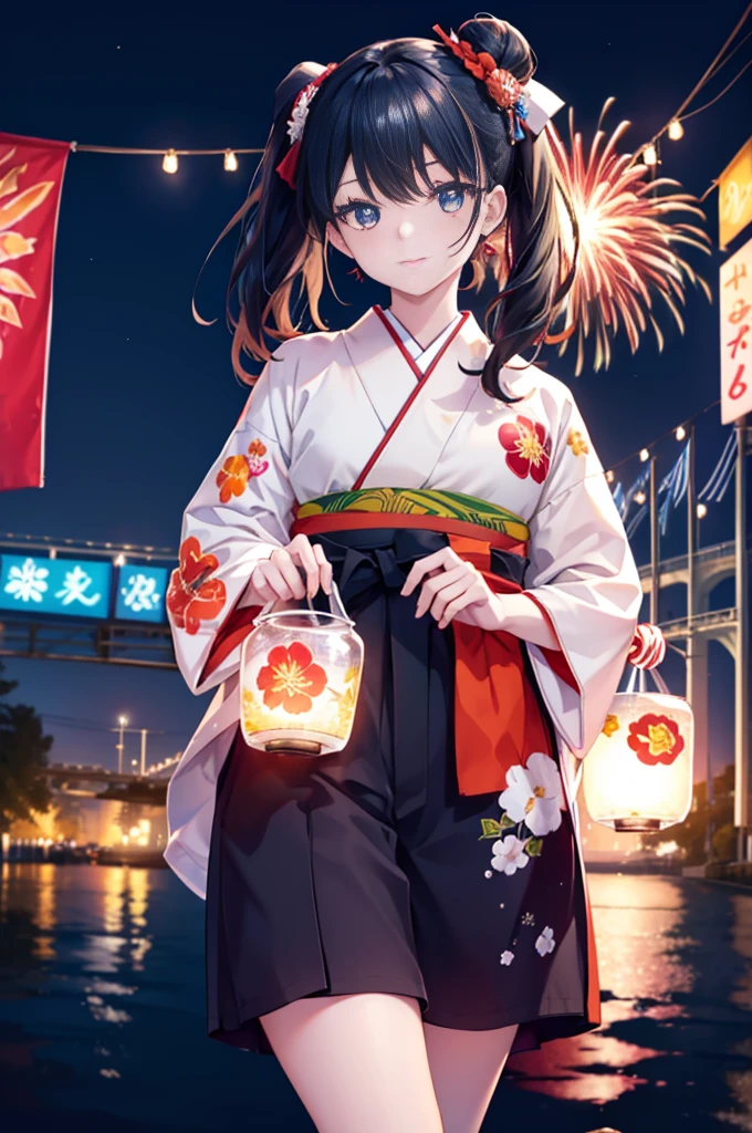 Takada Rokka, Black Hair, blue eyes, Long Hair, orange Scrunchie, Scrunchie, wrist Scrunchie,White Kimono,Sandals,日本のfestival,夏festivalの屋台,Red lantern,Hair Bun, double  Hair Bun,happy smile, smile, Open your mouth,Fireworks,The place is a fireworks display、Time is night,Walking,whole bodyがイラストに入るように,
break outdoors, festival,
break looking at viewer, whole body,(Cowboy Shot:1. 5)
break (masterpiece:1.2), Highest quality, High resolution, unity 8k wallpaper, (shape:0.8), (Fine and beautiful eyes:1.6), Highly detailed face, Perfect lighting, Highly detailed CG, (Perfect hands, Perfect Anatomy),