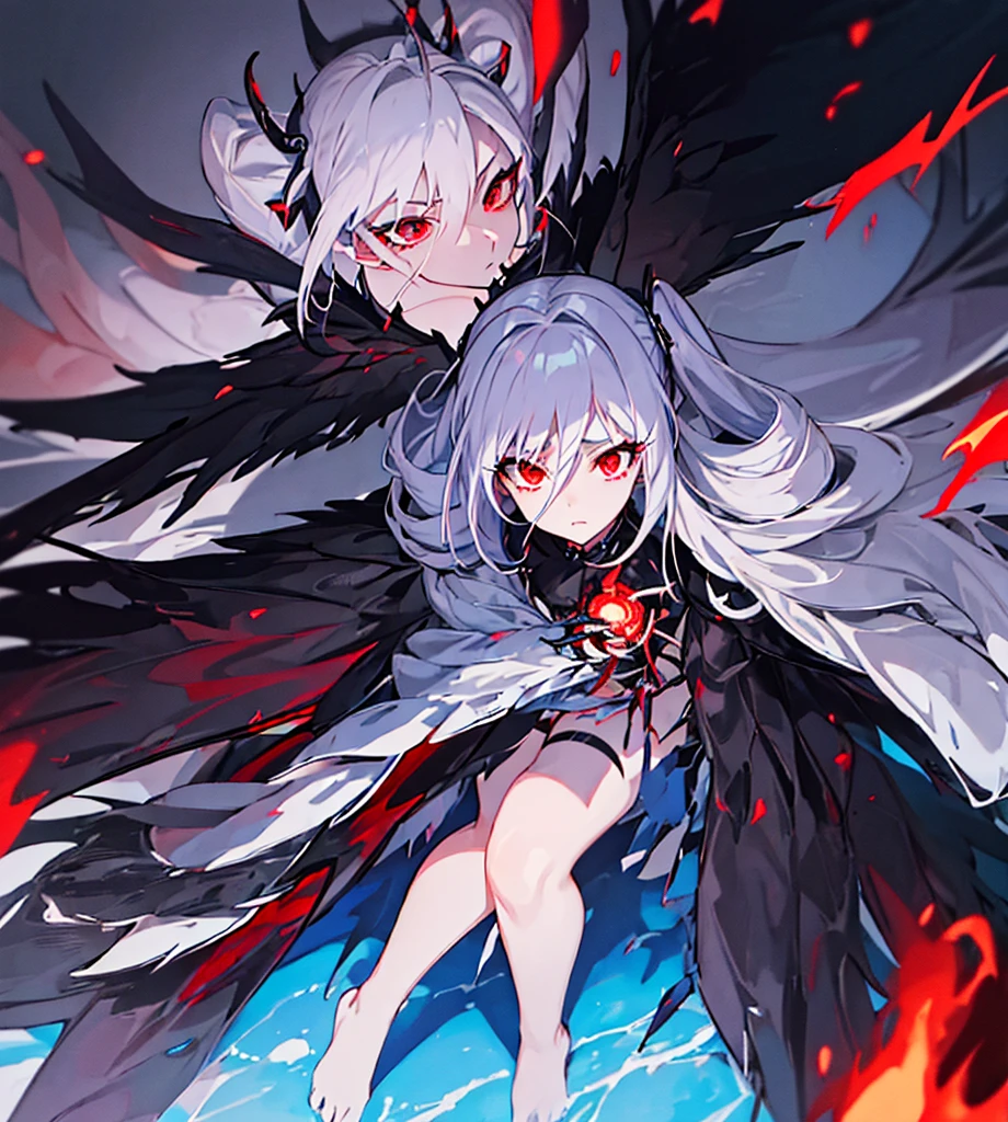 Silver hair, twin drills, abyss, large black wings, red flames on his left hand, blue flames on his right hand, countless swords all over his body, sharp gaze, red light running through his eyes, raised corners of his mouth, open arms, blue flames, all alone