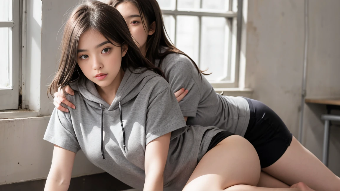 deux femmes ensemble de 18 ans sexy et mince , gray short sleeve hoodie , salle de classe, se touche,position sey,sensuel