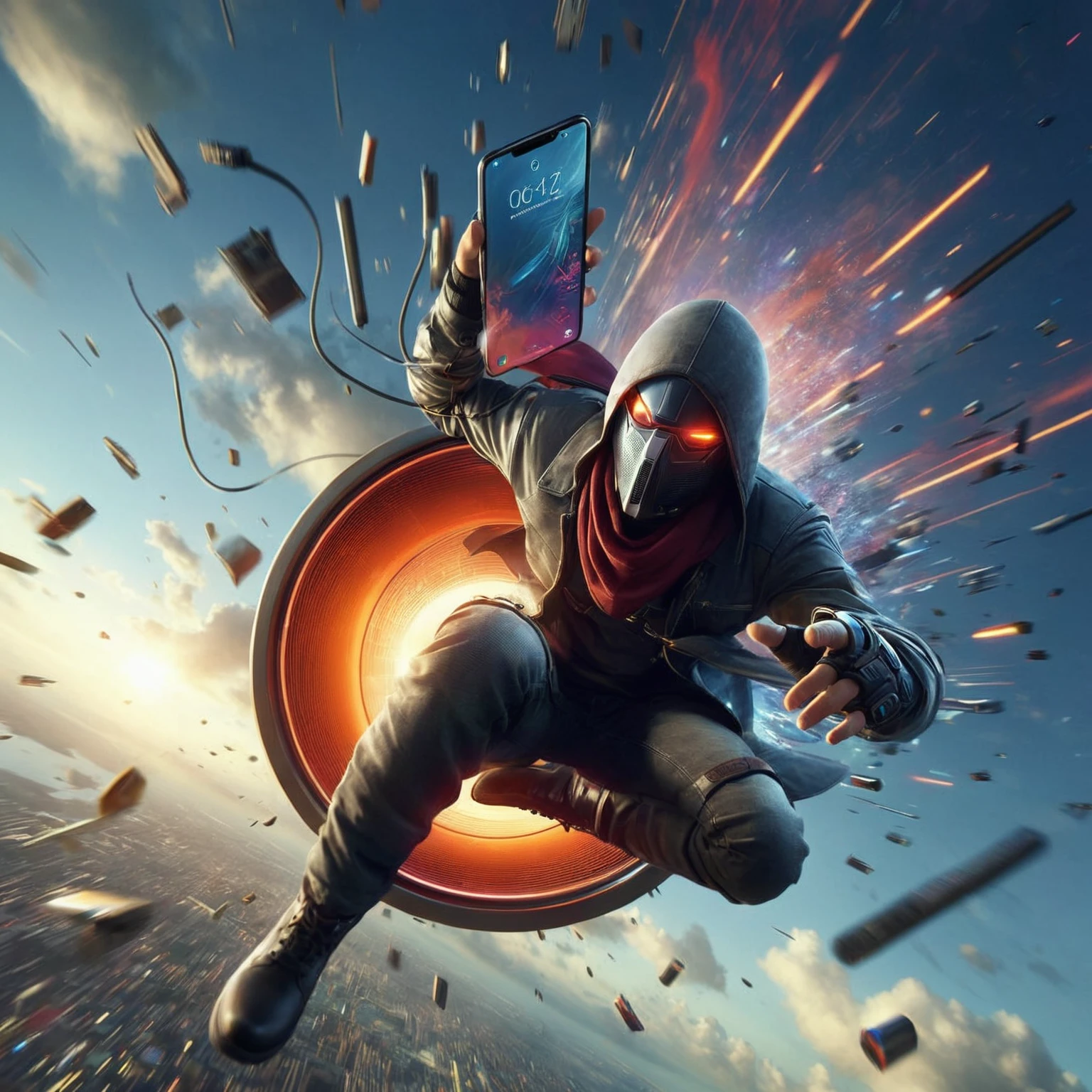 a close up of a person flying through the air with a phone, promotional render, mobile wallpaper, product render, key art, digital art #oneshotgame, very realistic render, mobile game, wallpaper mobile, concept, hd phone wallpaper, portrait shot, very hyper realistic, profile picture 1024px, 256x256