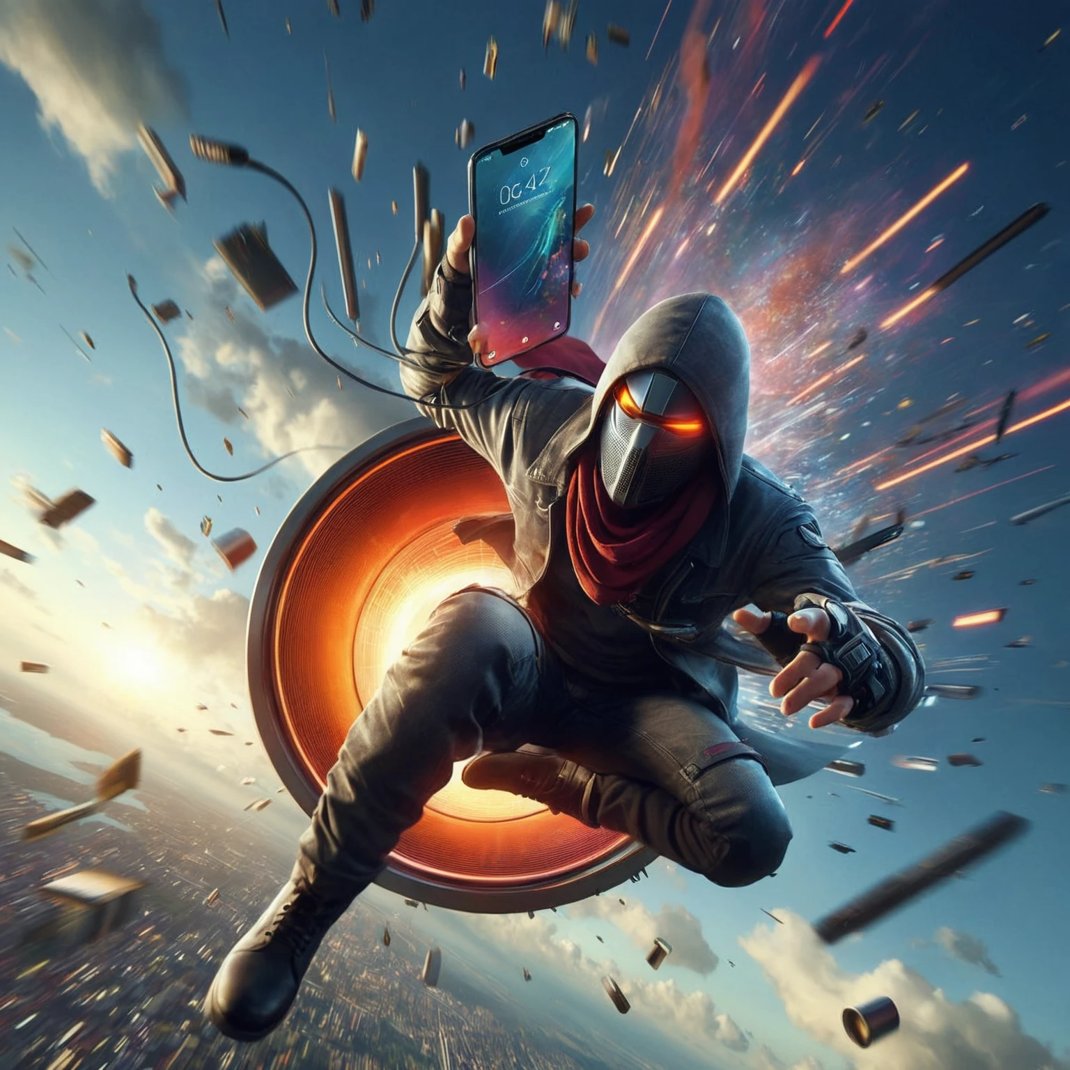 a close up of a person flying through the air with a phone, promotional render, mobile wallpaper, product render, key art, digital art #oneshotgame, very realistic render, mobile game, wallpaper mobile, concept, hd phone wallpaper, portrait shot, very hyper realistic, profile picture 1024px, 256x256