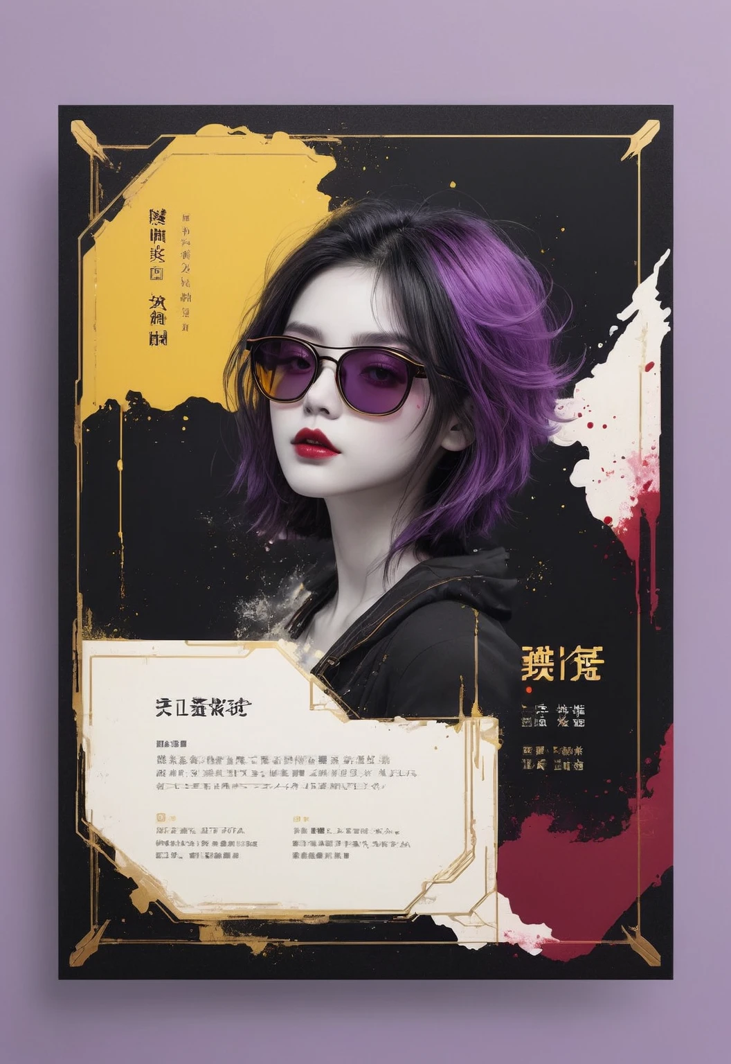 A card border UI，Modern urban minimalist style，Suspense style，Character profiles。Leave a square blank space in the middle，There is a ruby under the bezel。Parchment backing，There are blood stains on it。Black and White、yellowish、Lilac main color。