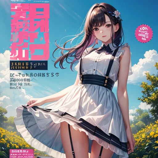 masterpiece, superlative, Spring dress, Double tail，Colored hair, outdoor, magazine cover, Transparent skirt,, Suspenders, chiffon, Wide hips, Thin waist, Smooth, soft and delicate skin