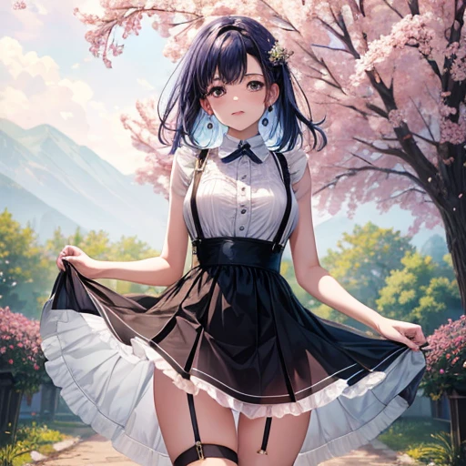 masterpiece, Top-class, Spring Dresses, Colored Hair, Outdoor, Magazine Cover, Sheer short skirt,, suspenders, Light tulle, Wide Hips, Narrow waist, Smooth, soft and delicate skin Making jam