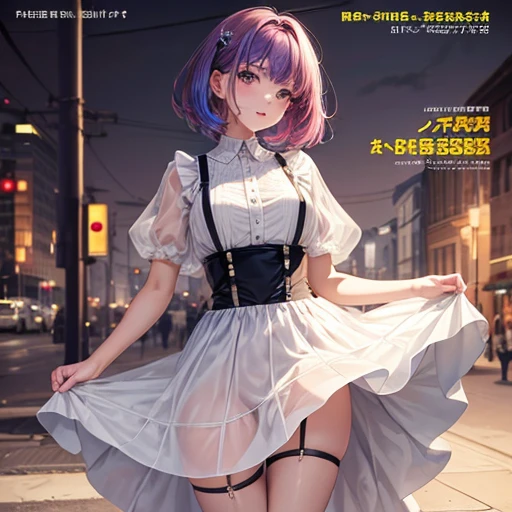 masterpiece, Top-class, Spring Dresses, Colored Hair, Outdoor, Magazine Cover, Sheer short skirt,, suspenders, Light tulle, Wide Hips, Narrow waist, Smooth, soft and delicate skin Making jam