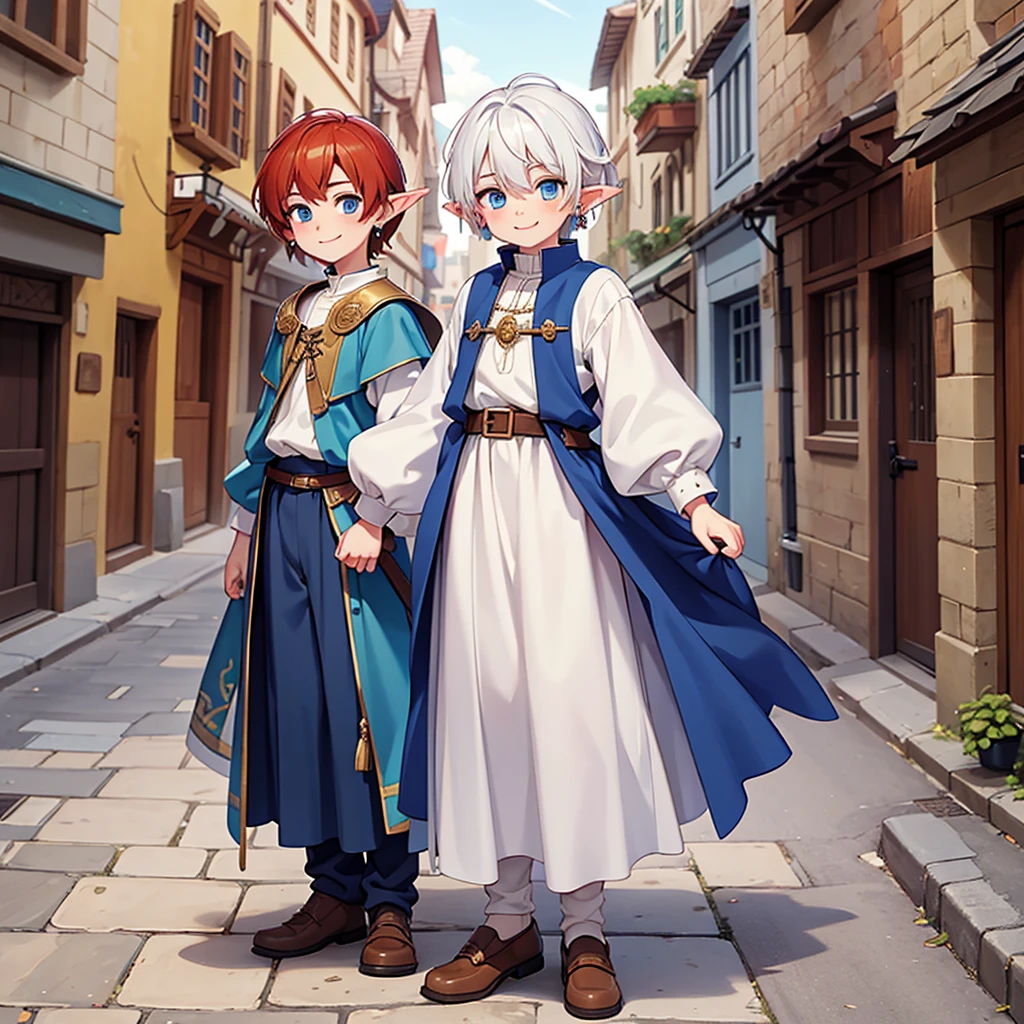 Beautiful, high quality, a 14 years old elf boy, 4'6, blue eyes, white hair, full body, 1 boy, cute face, earrings, auburn hair, looking at the camera, smiling, wearing a boy medieval style clothes, stand in a middle of street of medieval city