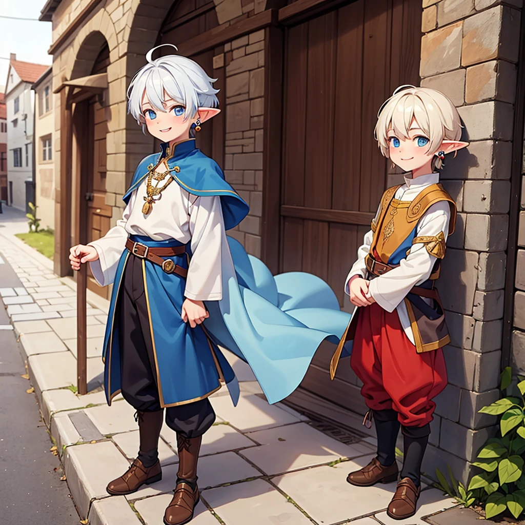 Beautiful, high quality, a 14 years old elf boy, 4'6, blue eyes, white hair, full body, 1 boy, cute face, earrings, auburn hair, looking at the camera, smiling, wearing a boy medieval style clothes, stand in a middle of street of medieval city