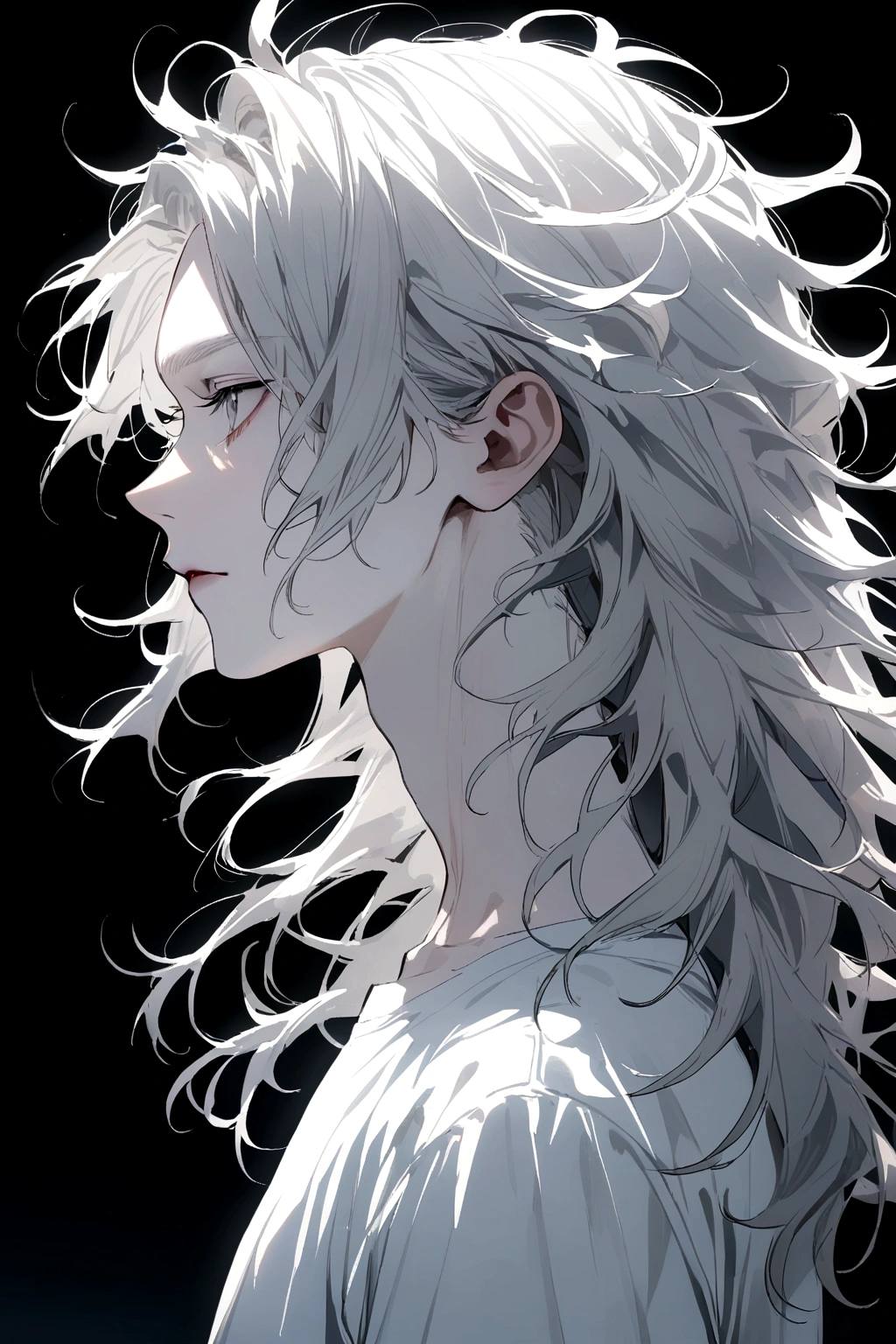aesthetic style, male, white haired, pale skin, messy hair, hair length to neck, white plain t shirt, young, side perspective