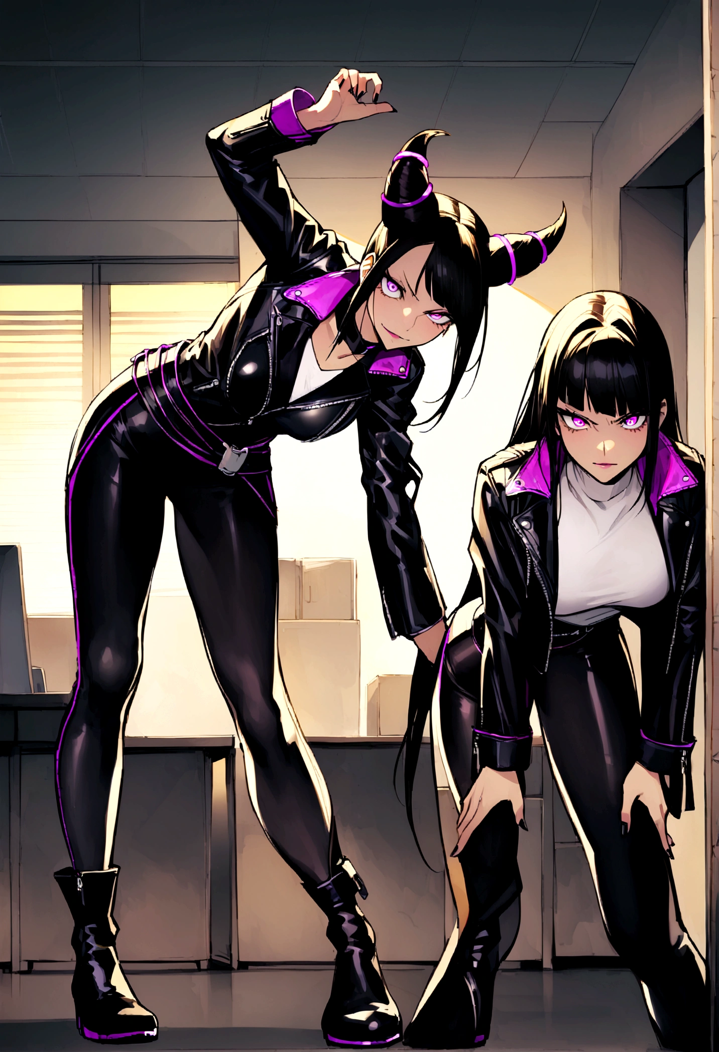 juri han,looking back,beautiful young warrior , with a very detailed and beautiful face, beautifuleyes, beautifuleyes, gorgeous face, glowing purple eyes,beautiful young woman wearing long black leggings with black details, usando leather jacket preta, Standing in an office, wearing black boots, horn hair, with black fringe, , evil smile ,white sweater with strap around, serious look,usando leather jacket preto, leather jacket,standing backwards,yellow lighting, evil smile,leggings,looking back