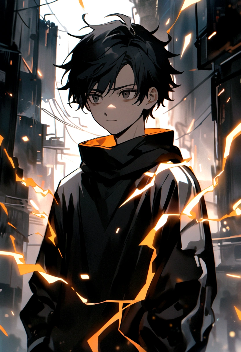 Man 17 years old Long black hair black and white sweatshirt with orange electricity on his body with a worried look