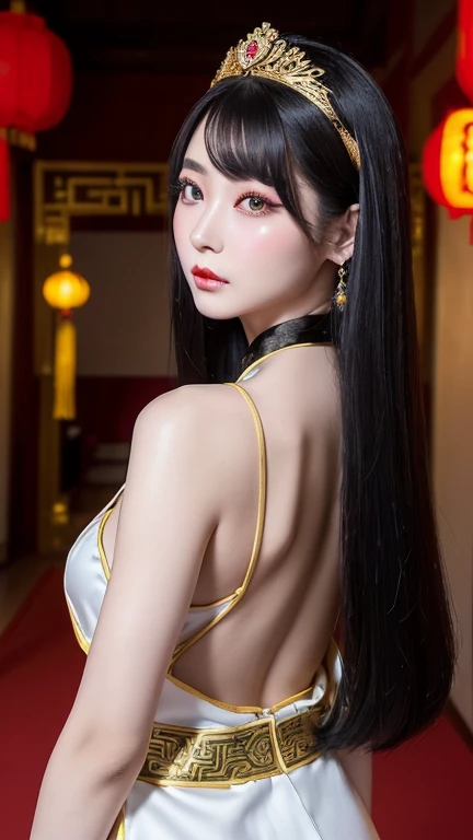 4K, UHD, masterpiece, solo girl, good face, detailed eyes, detailed lips, very long hair, straight hair, very long hair, beautiful hair, hair ornaments, hairband, sexy bun with ponytail hair, ((White-black-Blue-RED-silver-gold-yellow-green beach bra and beach panties), (photorealistic:1.5), (Realistic big breasts:1.35), (Slender six pack abs), (smile), ((NSFW:0)), ((busty Cleavage)), ((( enchanting body, red lipstick, stockings, Chinese courtyard, bold dress, glaring beauty, d-cup, breast focus, closeup))), sardine, ornaments, necklace, earring, high lighting, depth of field, ray tracing, ultra-realistic detail