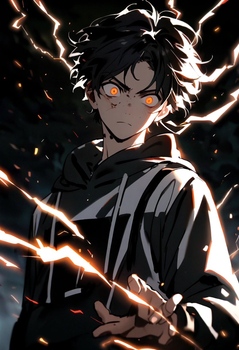 Man 17 years old Long black hair black and white sweatshirt with orange electricity on the body with a look of fear
