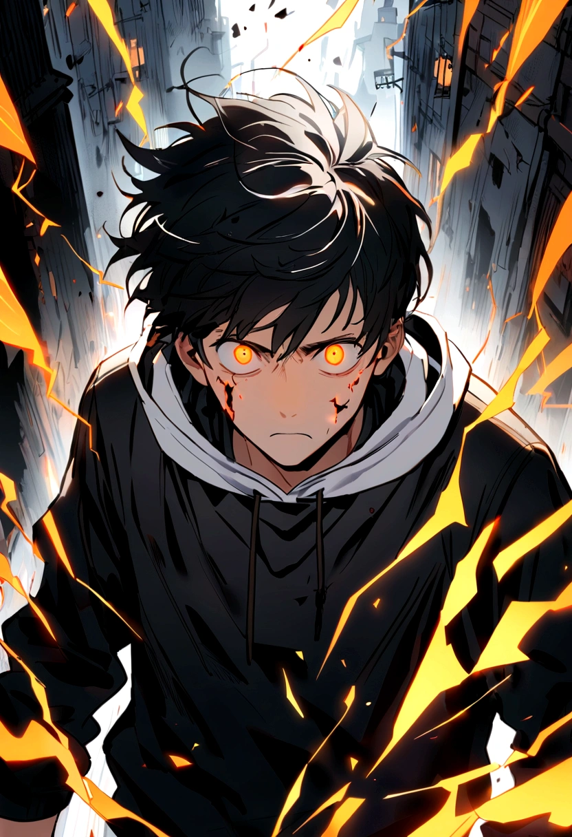 Man Long black hair black and white sweatshirt with orange electricity on the body with a look of fear